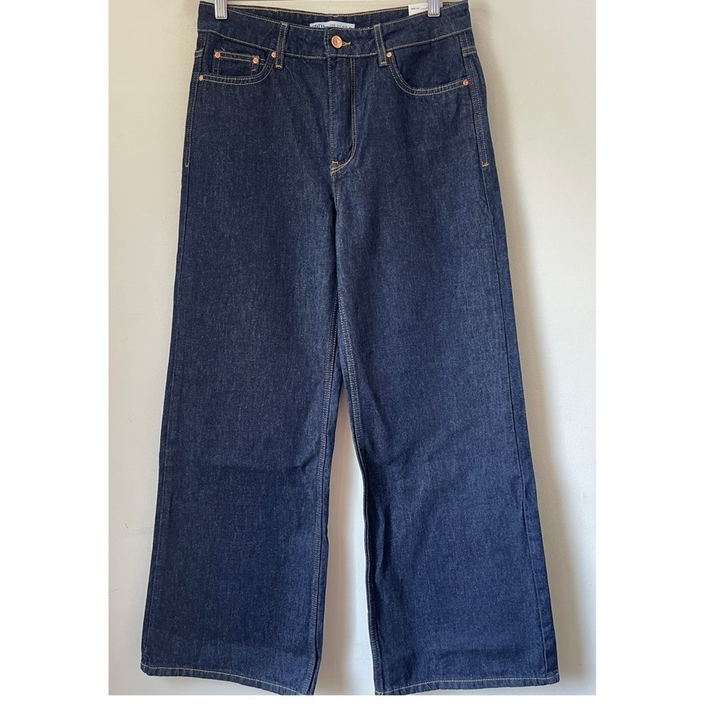 ZARA Wide Leg High Waisted Dark Denim Long-Length Edgy Jeans 6